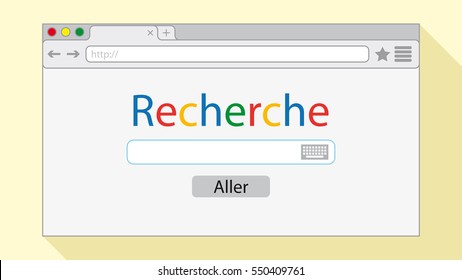 Flat style browser window on yellow background. Search engine illustration. Inscriptions "Search" and button "Go" in French language.