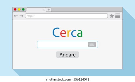 Flat style browser window on light blue background. Search engine illustration. Inscriptions "Search" and button "Go" in Italian language.