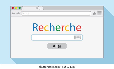 Flat style browser window on light blue background. Search engine illustration. Inscriptions "Search" and button "Go" in French language.