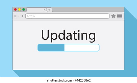 Flat style browser window on light blue background. Updating illustration.
