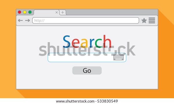 Flat style browser window on orange\
background. Search engine\
illustration