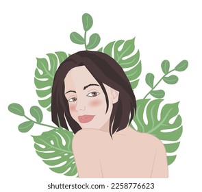 Flat style brunette girl with rouge. Background with adam ribs leaves, monsteras leaves and green round leaves. Vector illustration isolated on white background.