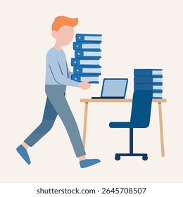 Flat Style Burdened Employee Carrying Stack of Files in Office Illustration