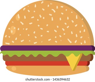 Flat style burger on an isolated white background. Fast food, junk food, lunch, hamburger, cheeseburger, vegan burger