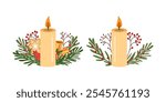 Flat style burning candle decorated with christmas branches with red berries, Christmas bells, etc.