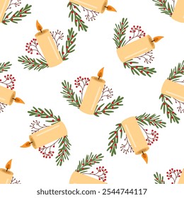 Vela de queima de estilo plano decorada com ramos de Natal com bagas vermelhas. Padrão contínuo. Ilustração vetorial. 