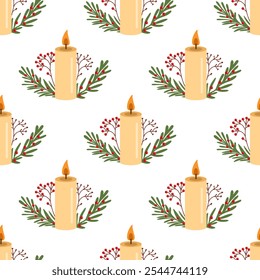 Flat style burning candle decorated with christmas branches with red berries. Seamless pattern. Vector illustration. 