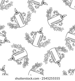 Flat style burning candle decorated with christmas branches with  berries.  Outline seamless pattern. Vector illustration. 