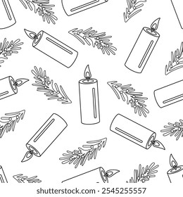 Flat style burning candle decorated with christmas branches with berries.  Outline seamless pattern. Vector illustration. 