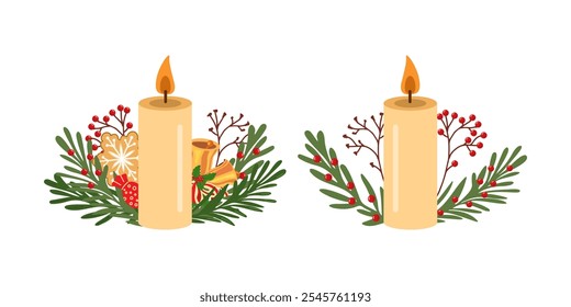 Flat style burning candle decorated with christmas branches with red berries, Christmas bells, etc.