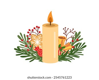 Vela ardiente de estilo plano decorada con ramas de Navidad con bayas rojas, campanas de Navidades, caramelos y galletas de jengibre.