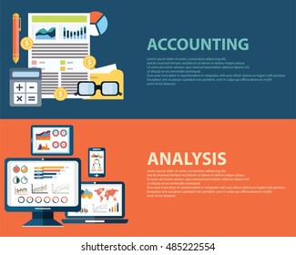 Flat style business analysis infographic concept and accounting finance. Web banners templates set.