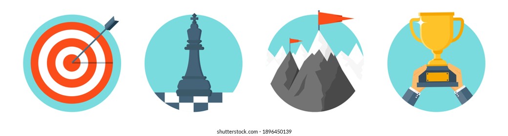 Flat style business concept background. Success and goals achievement. Smart solutions. Rocky mountain peak. Golden trophy. Vector illustration.