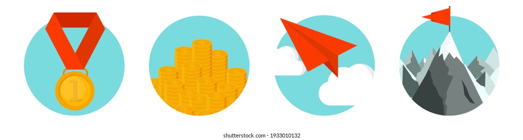 Fondo de concepto de negocios de estilo plano. Ganancia de dinero, éxito y logro de objetivos. Soluciones inteligentes. Medalla con monedas de oro. Avión de papel y pico de montaña. Ilustración vectorial.