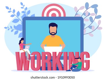 Flaches Business-Konzept, Vektorgrafik, für Webseiten, Banner, Präsentation, soziale Medien, Dokument, Karte, Poster. Unternehmer zusammen bauen ein Wort Teamwork, Bauwirtschaft.