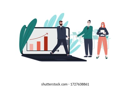 Flat style business and management concept illustration. Meeting or hiring a new worker to increase sales.   
