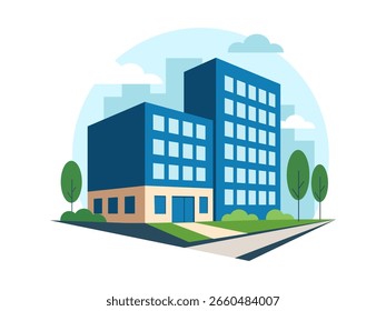 Flat Style Business Office Building with Trees and Cityscape Background