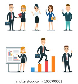 Flat style business people characters in workplace vector icon set collection. Male and female persons in strict elegant office clothes. Businessmen and businesswomen at work place