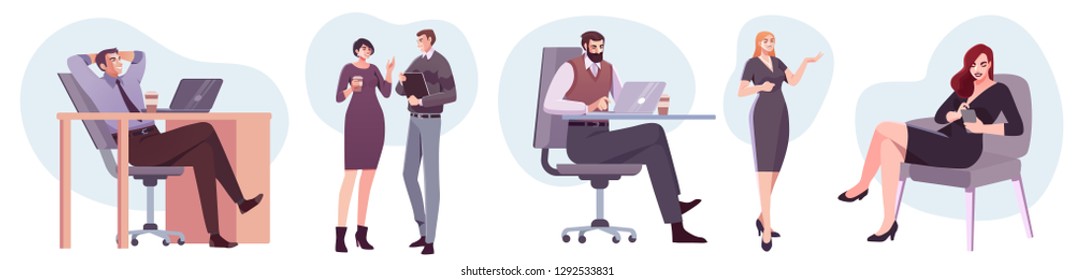 Flat style business people characters in workplace. Male and female persons in office room. Businessmen and businesswomen at work place.