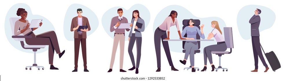 Flat Style Business People Characters In Workplace. Male And Female Persons In Office Room. Businessmen And Businesswomen At Work Place.