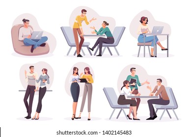 Flat Style Business People Characters In Workplace. Male And Female Persons In Office Room. Businessmen And Businesswomen At Work Place.