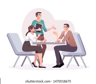 Flat style business people characters in workplace. Male and female persons in office room. Businessman and businesswoman at work place. Casual business concept illustration