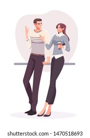 Flat Style Business People Characters In Workplace. Male And Female Persons In Office Room. Businessman And Businesswoman At Work Place. Casual Business Concept Illustration