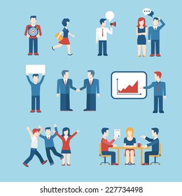 Flat style business people figures icons. Web template vector icon set. Lifestyle situations icons. Marketing target, chat message, talk, banner in hands, handshake, party, report presentation.