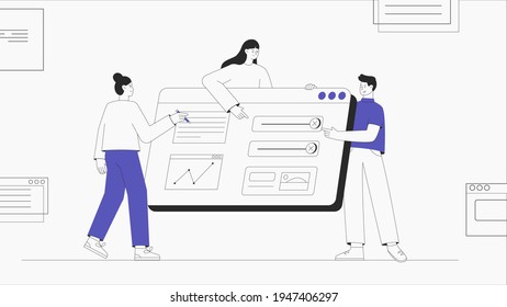 Flat style business people illustration. Software development company, coding and programming. workflow organization, developing computer software. Modern flat outline style.