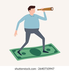 Flat Style Business Person Using Telescope on Dollar Bill Concept Icon