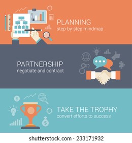 Flat Style Business Planning, Partnership And Success Results Process Infographic Concept. Hand Drawing Strategy Chart Mindmap, Contract Handshake, Trophy Cup Web Site Icon Banners Templates Set.