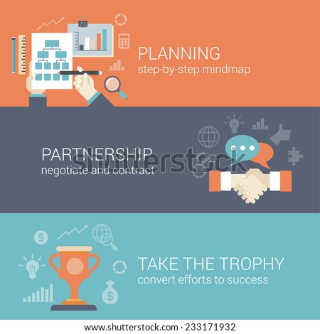 Flat style business planning, partnership and success results process infographic concept. Hand drawing strategy chart mindmap, contract handshake, trophy cup web site icon banners templates set.