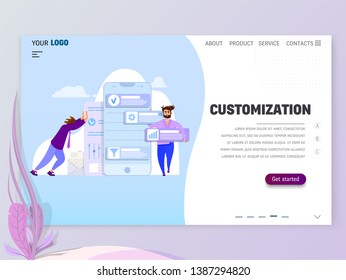 Flat style, business scene with tiny people, customization concept.
