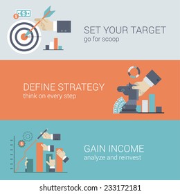 Flat style business success strategy target infographic concept. Hand with bow arrow scoop aim, chess figure horse money graphic, income chart bar arm stretching web site icon banners templates set.