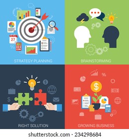 Flat style business success strategy target brainstorming growth solution infographic icon set concept. Aim bow arrow bull eye brainstorm chat idea man heads puzzle money web site banner template.