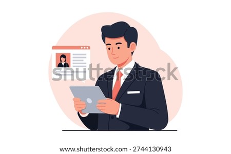 Flat Style Businessman Using Tablet with Candidate Profile Illustration