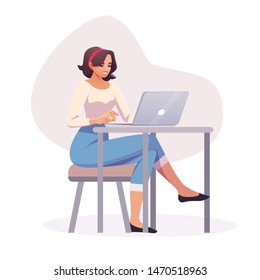 Flat style businesswoman at workplace in office room. Casual business concept illustration