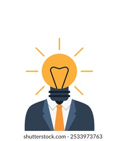 Flat Style Bust of Business Man with Light Bulb Head. Office work and generating profitable ideas vector art