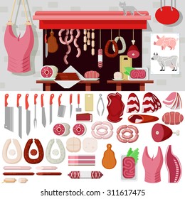 Flat style butcher shop workplace icons objects kit template mockup. Icon set meat products tools to build butchery. Kits collection.