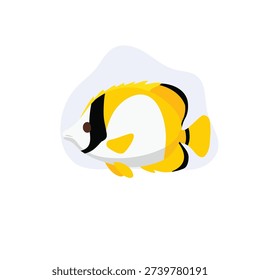 Flat style butterflyfish illustration featuring a bright yellow and black reef fish in tropical ocean waters,