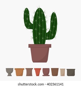 Flat style cactus in pot vector icon. Green indoor vector Cactus with different pots icons. Cactus isolated on white background. Set of pots icons. Indoor, office and house cactus in pot.