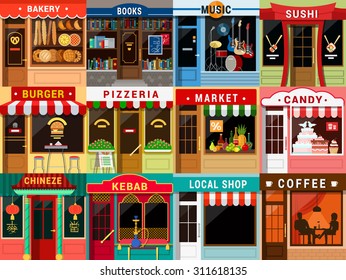 Flat style cafe restaurant bistro little tiny fancy cool shop big icon set. Bakery bookstore music sushi burger pizzeria food market candy Chinese kebab coffee.