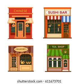 Flat Style Cafe Restaurant Shop Store Little Tiny Fancy Icon Set. Chinese, Sushi Bar, Bakery, Tea Shop