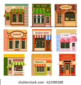 Flat Style Cafe Restaurant Shop Store Little Tiny Fancy Icon Set. Chinese, Sushi Bar, Bakery, Tea Shop, Pizza, Cafe, Optician's, Burger, Butcher's
