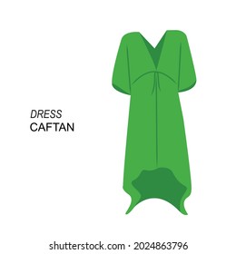 Flat Style Caftan Dress Vector illustartion. Cartoon style women's dress vector icon isolated on white background. Simple green dress for summer. Modern v-neck dress symbol pictogram