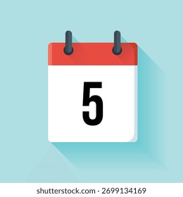Flat style calendar displaying the number 5 on white paper, accentuated by a red border and set against a soft, gradient light blue background.