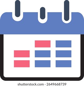 Flat style calendar icon with clean blue and red date blocks, perfect for business planning, event scheduling apps, time management visuals, or educational infographics