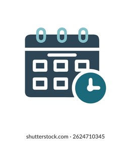 Flat style calendar icon with clock overlayed, illustrating scheduling and time management against a black backdrop.