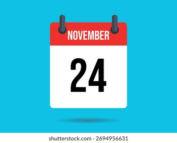 Flat style calendar icon with red frame showing November and black number 24 isolated on a blue background. Date is simple, graphic and clear.
