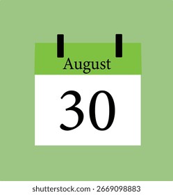 "Ícone de calendário de estilo plano mostrando a data de 30 de agosto. Ilustração simples de lembrete e planejamento de eventos isolada no plano de fundo branco."